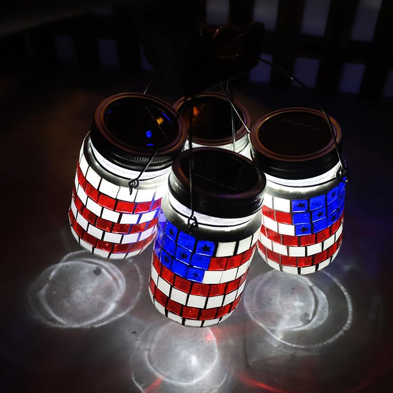 🎆 4th of July American Flag Mosaic Solar Mason Jar Lights | Patriotic Outdoor Decor Lanterns