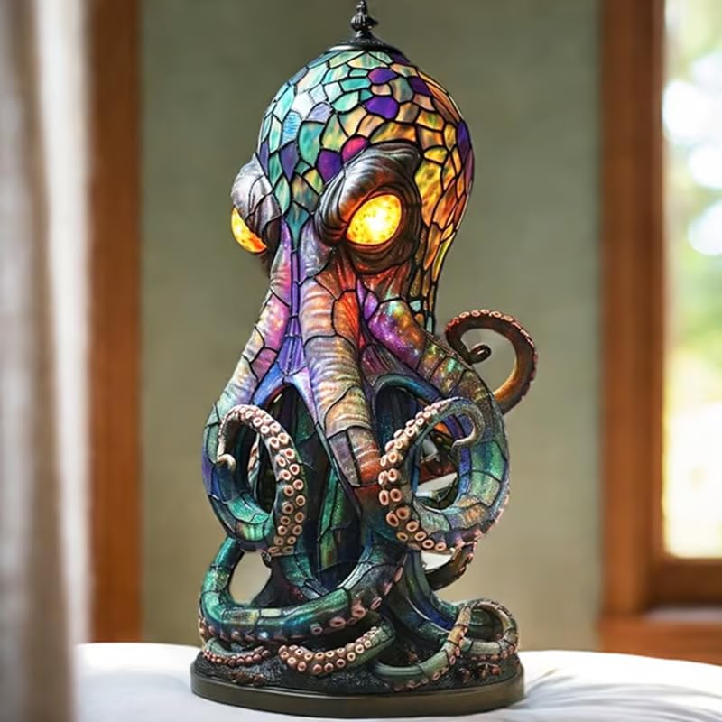 🐙 Stained Glass Octopus Table Lamp | Gothic Ocean Themed Tiffany Style Decor Light