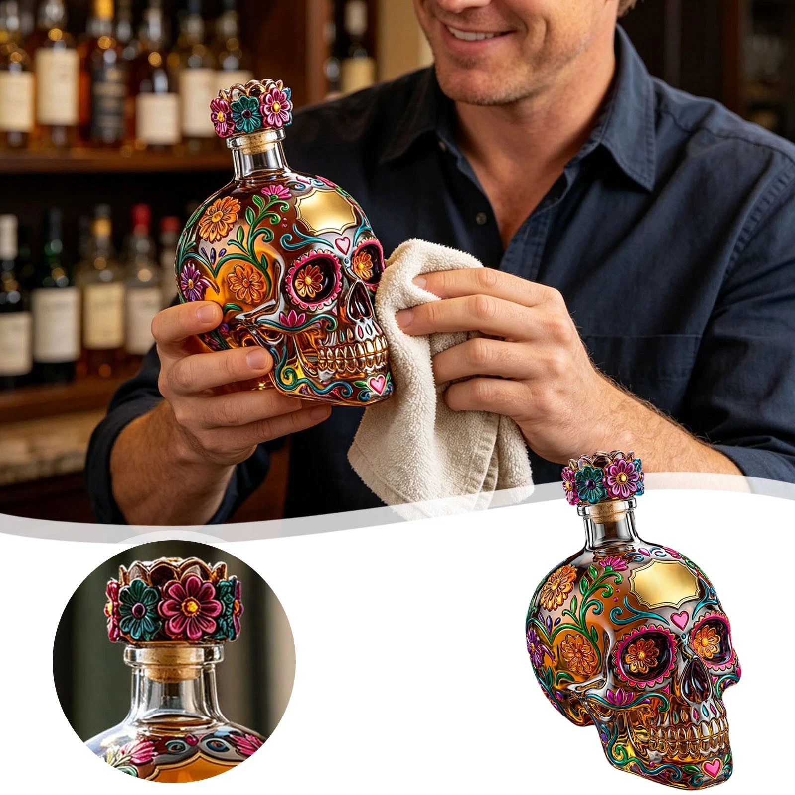 💀 Day of the Dead Sugar Skull Whiskey Decanter | Colorful Floral Liquor Bottle