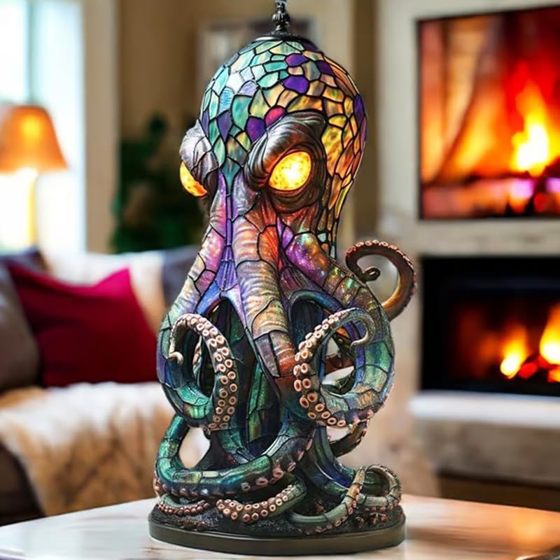 🐙 Stained Glass Octopus Table Lamp | Gothic Ocean Themed Tiffany Style Decor Light