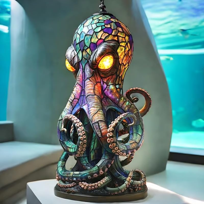 🐙 Stained Glass Octopus Table Lamp | Gothic Ocean Themed Tiffany Style Decor Light