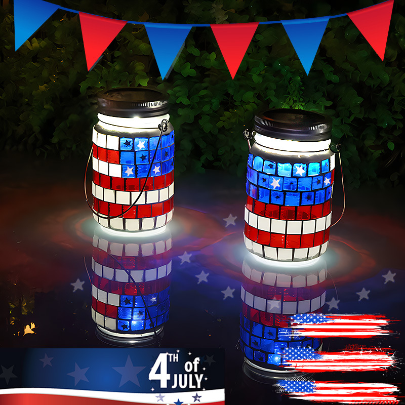 🎆 4th of July American Flag Mosaic Solar Mason Jar Lights | Patriotic Outdoor Decor Lanterns