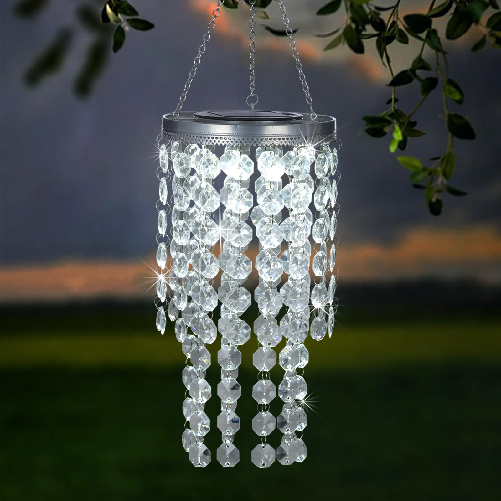 ✨ Solar‑Powered Crystal Beaded Hanging Chandelier | Outdoor Waterproof LED Pendant Light