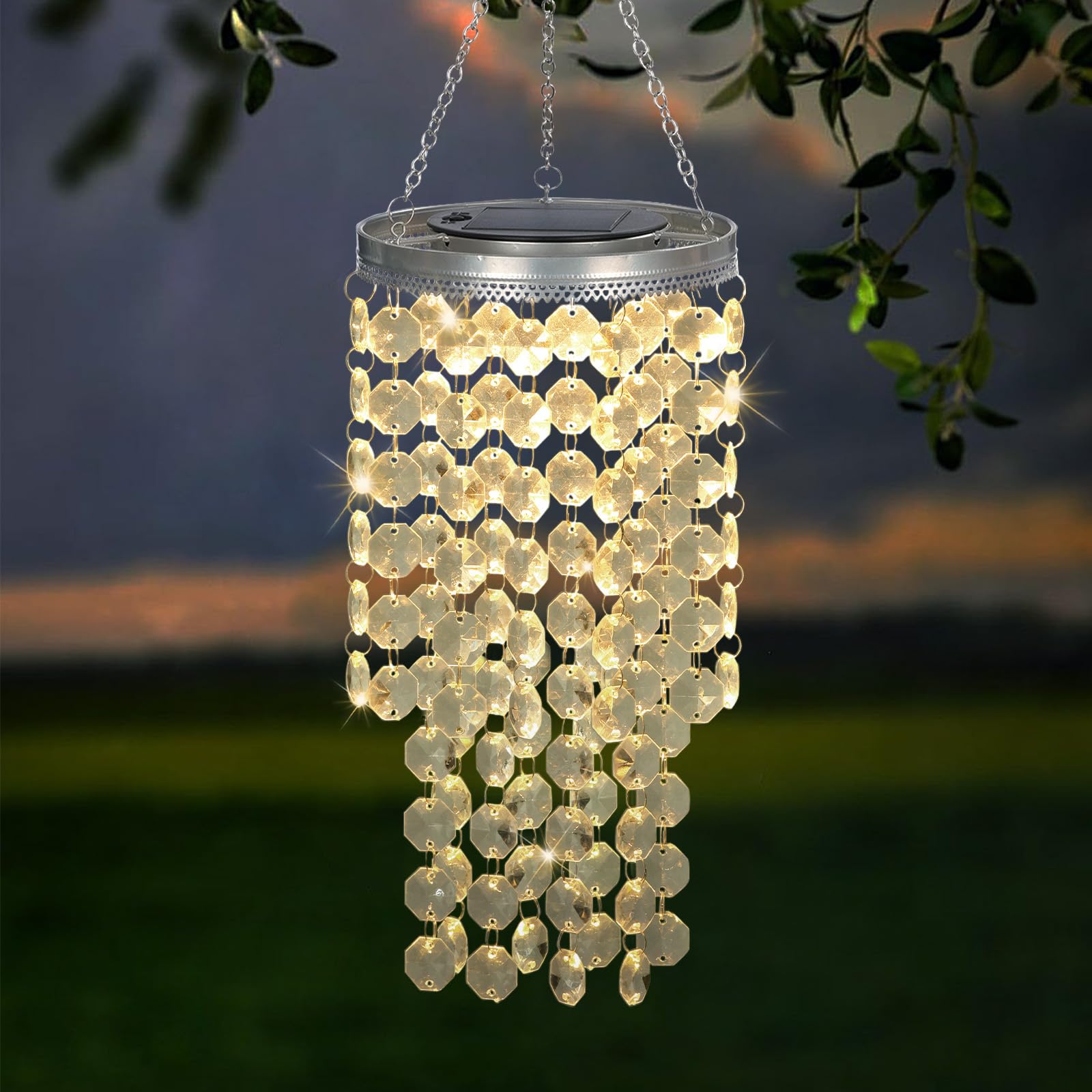✨ Solar‑Powered Crystal Beaded Hanging Chandelier | Outdoor Waterproof LED Pendant Light