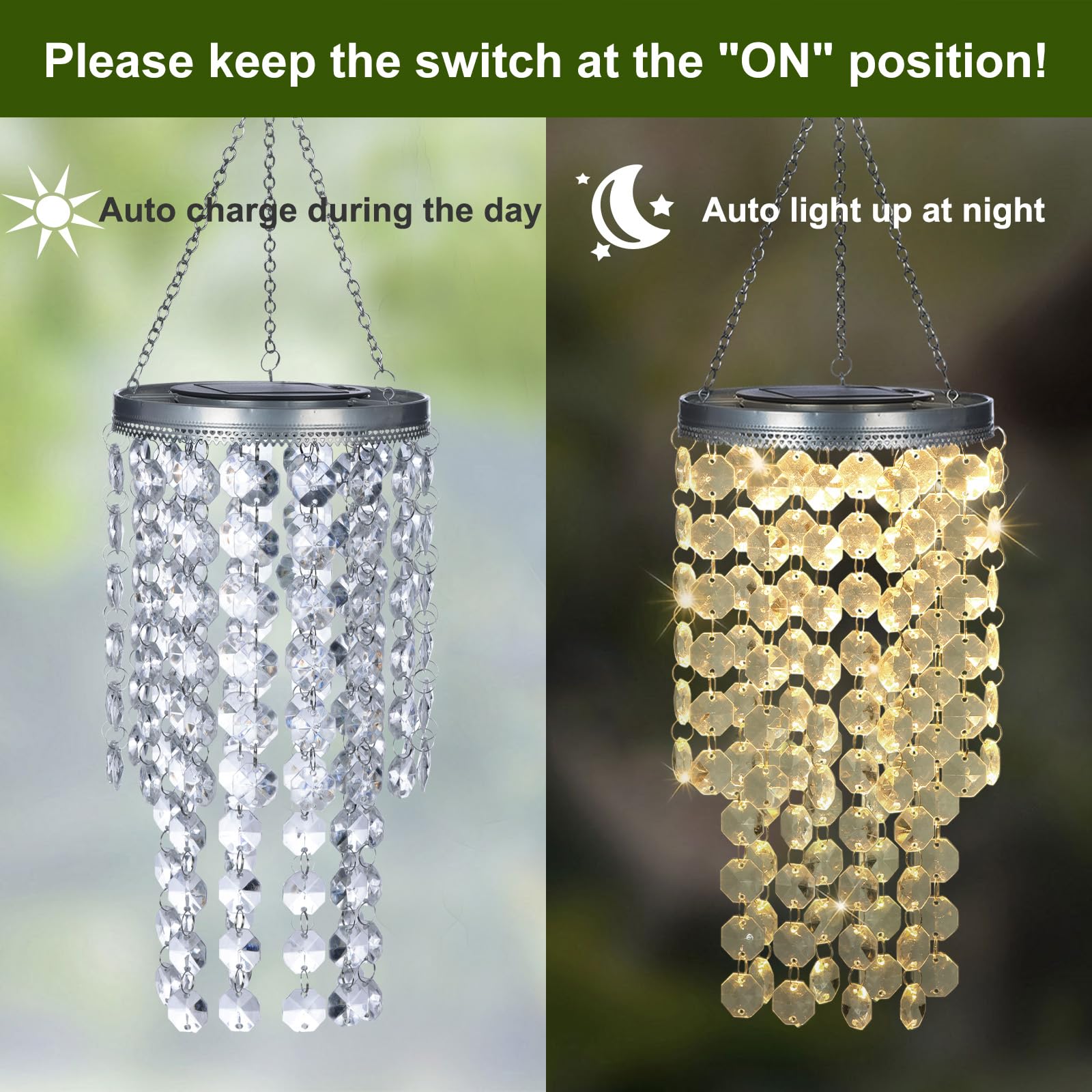 ✨ Solar‑Powered Crystal Beaded Hanging Chandelier | Outdoor Waterproof LED Pendant Light