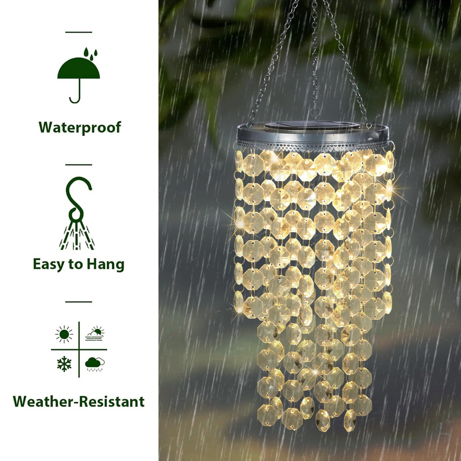 ✨ Solar‑Powered Crystal Beaded Hanging Chandelier | Outdoor Waterproof LED Pendant Light