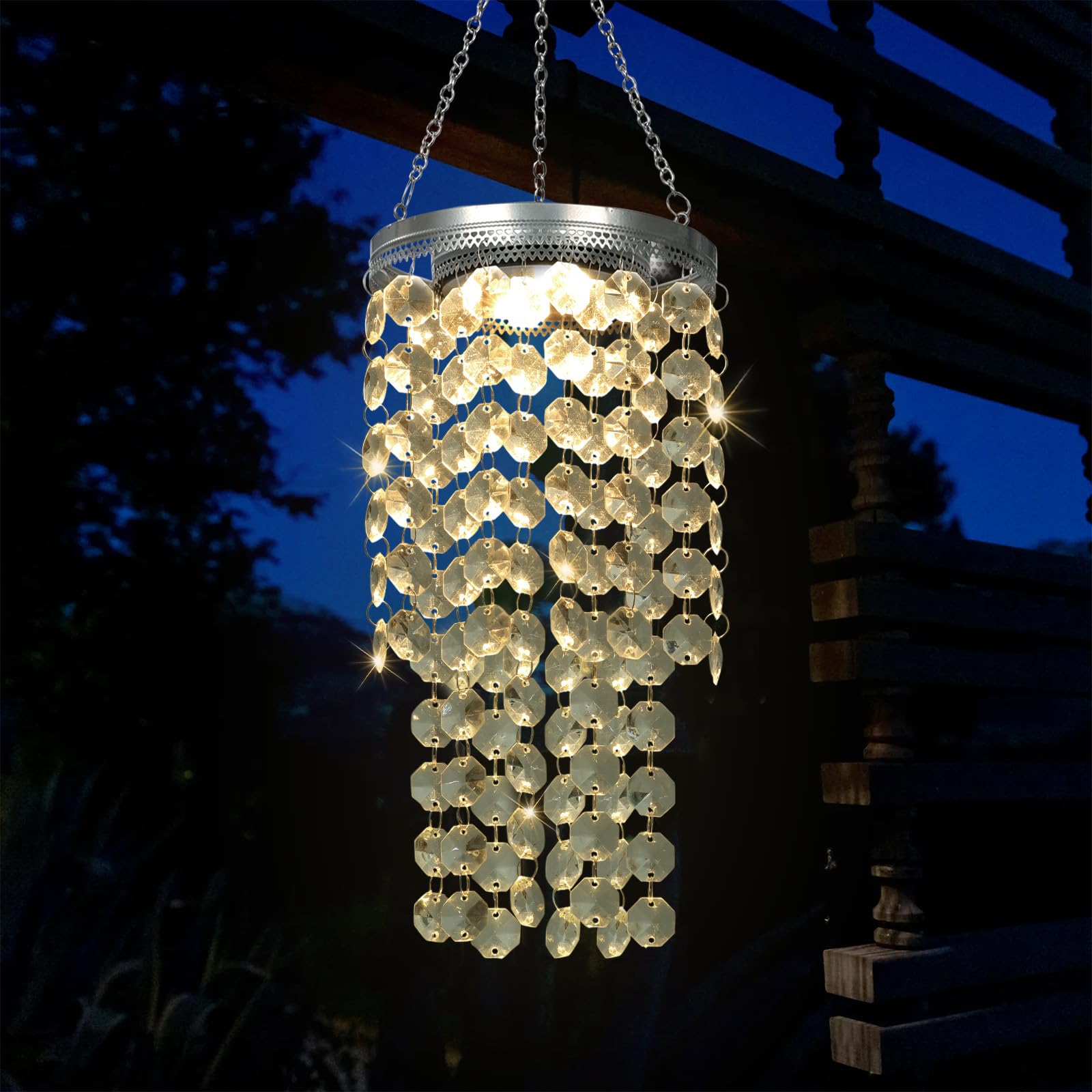 ✨ Solar‑Powered Crystal Beaded Hanging Chandelier | Outdoor Waterproof LED Pendant Light