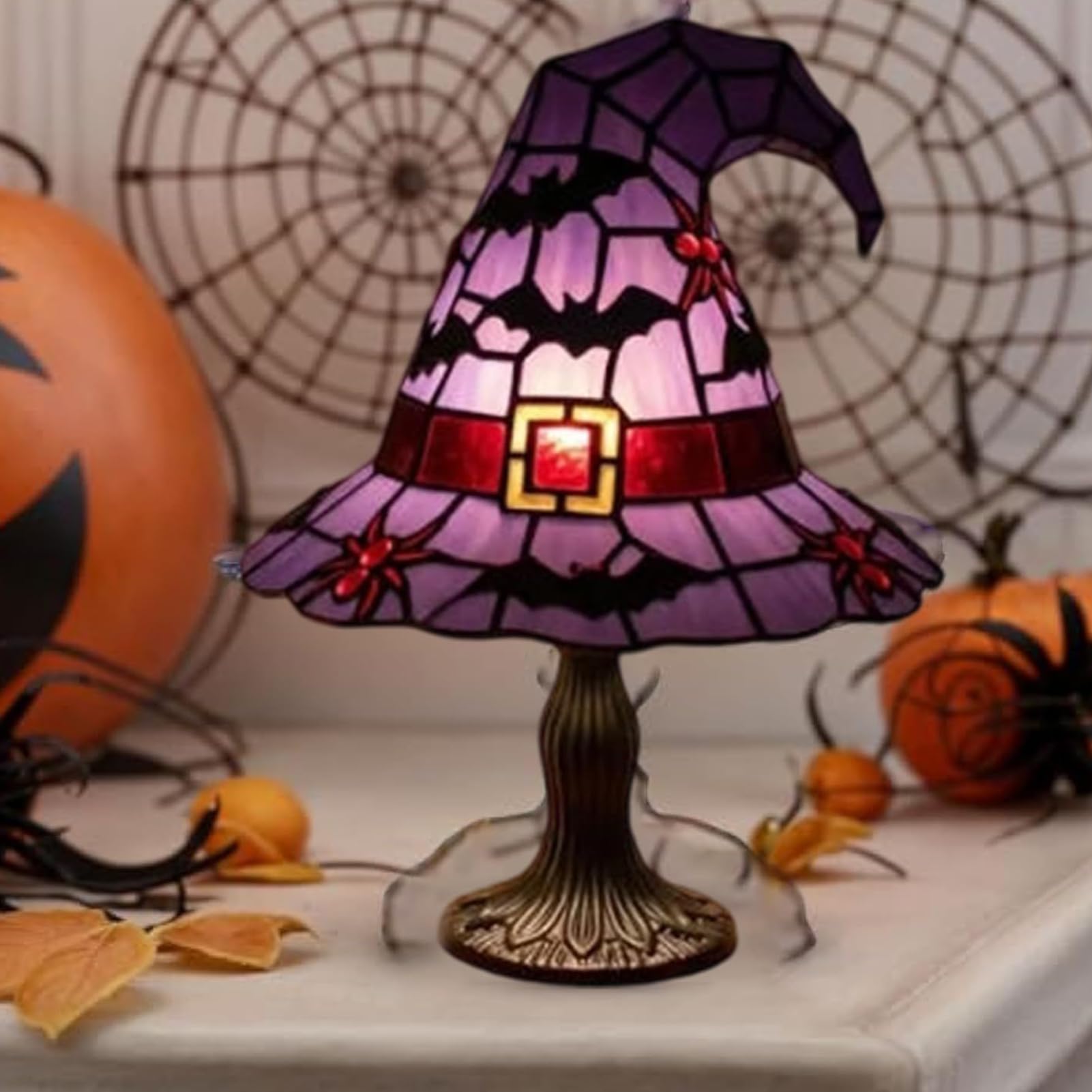 🧙‍♀️ Witch Hat Stained Glass Table Lamp | Halloween Bat Spider Themed Tiffany Desk Lamp