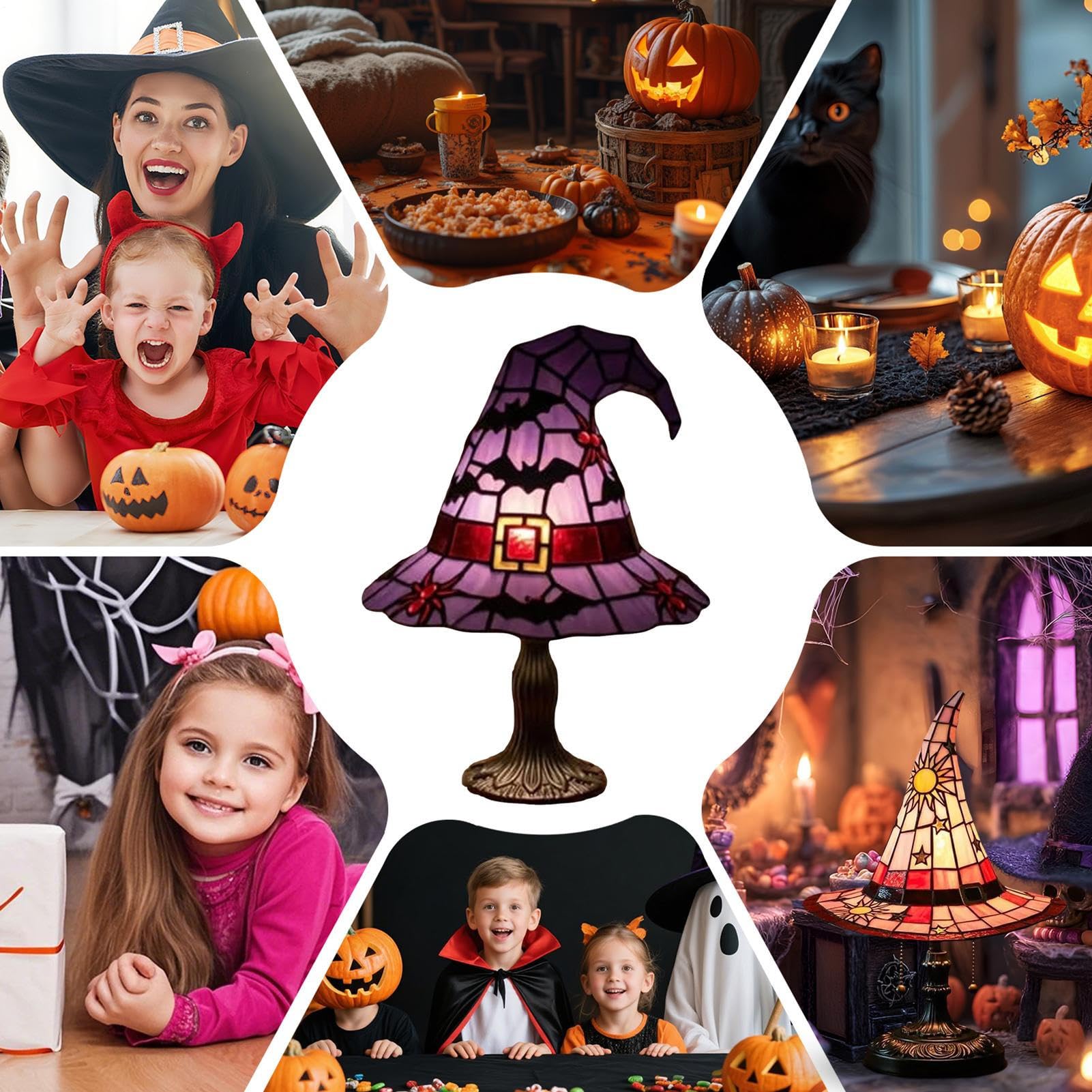 🧙‍♀️ Witch Hat Stained Glass Table Lamp | Halloween Bat Spider Themed Tiffany Desk Lamp