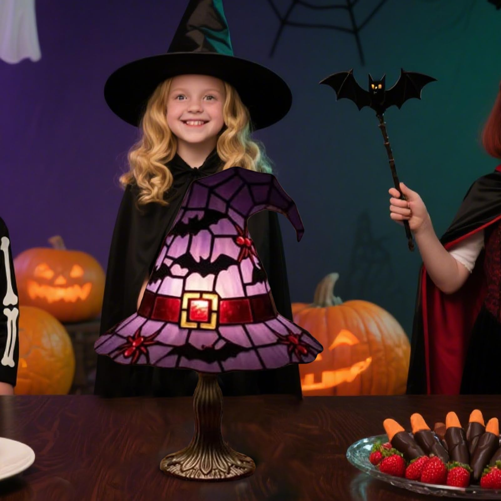 🧙‍♀️ Witch Hat Stained Glass Table Lamp | Halloween Bat Spider Themed Tiffany Desk Lamp