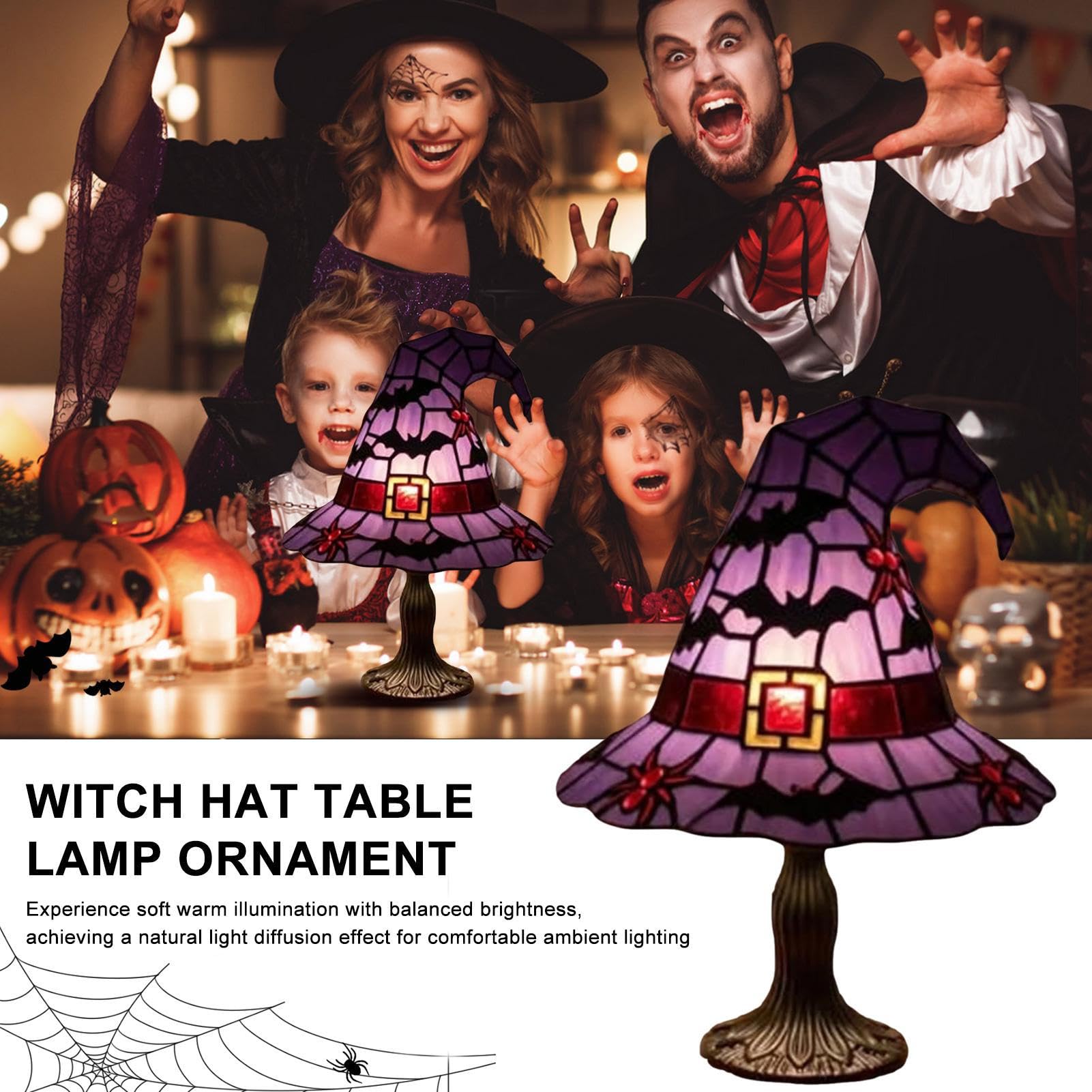 🧙‍♀️ Witch Hat Stained Glass Table Lamp | Halloween Bat Spider Themed Tiffany Desk Lamp