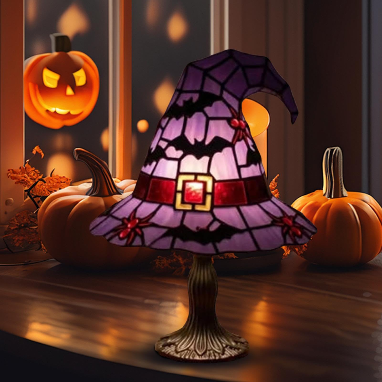 🧙‍♀️ Witch Hat Stained Glass Table Lamp | Halloween Bat Spider Themed Tiffany Desk Lamp