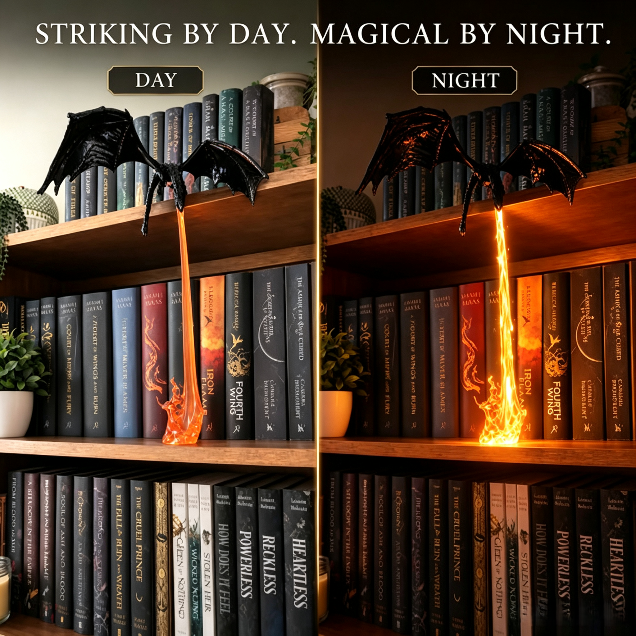 🐉Perching Black Dragon Shelf LED Flame Accent Light