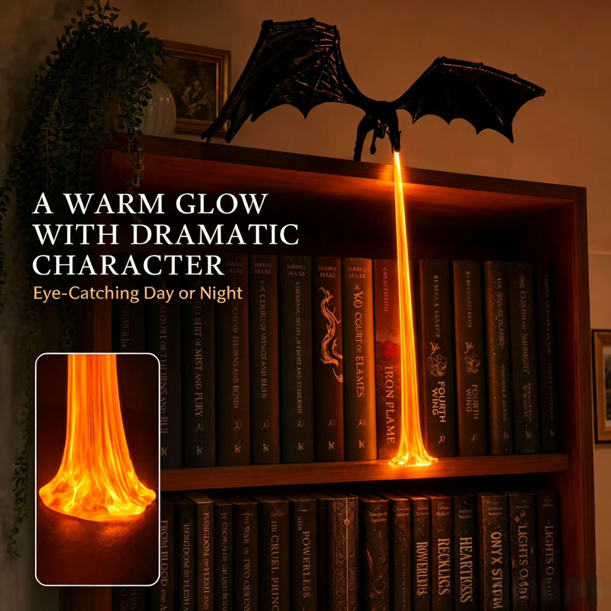 🐉Perching Black Dragon Shelf LED Flame Accent Light