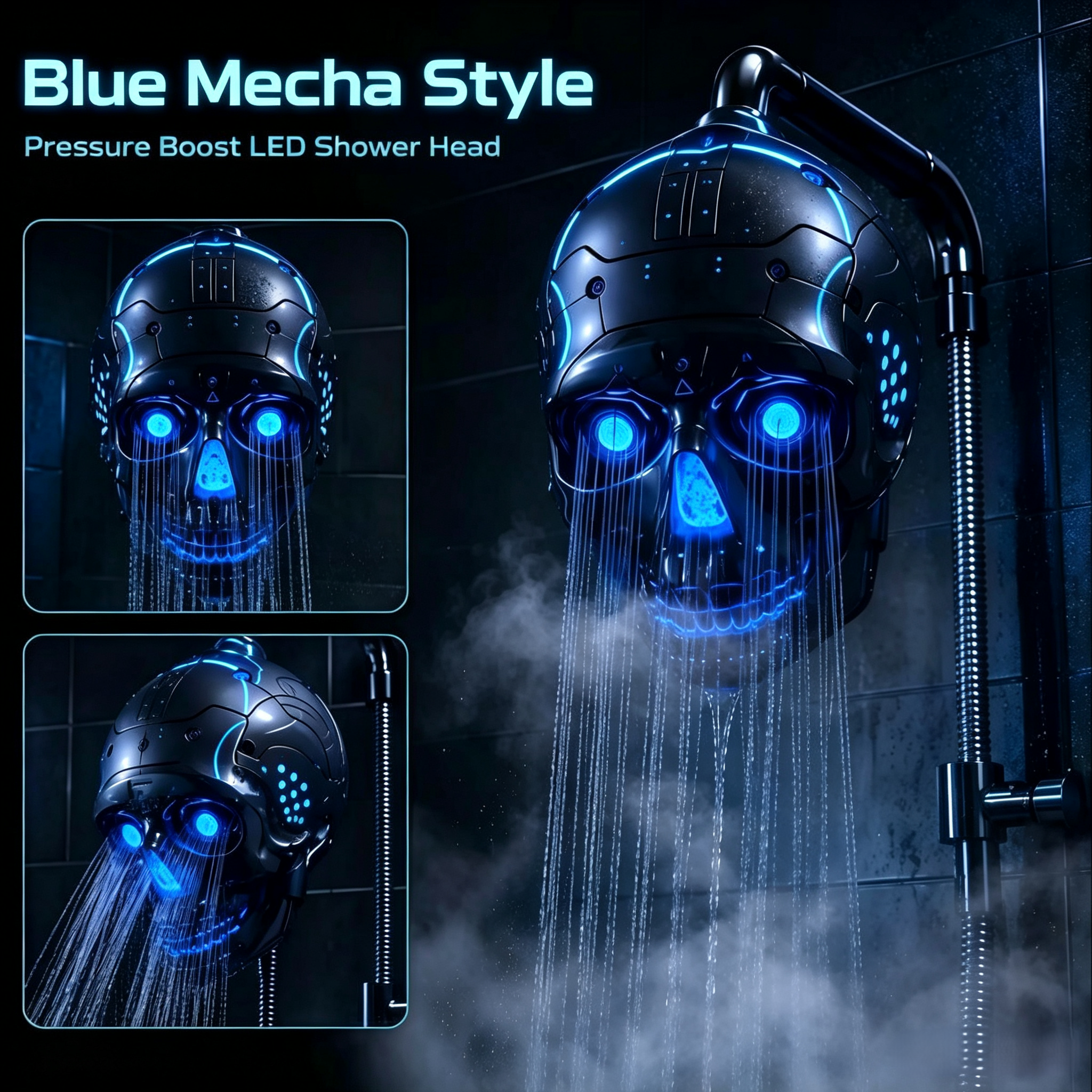 💀Cyber Mecha Skull LED Shower Head