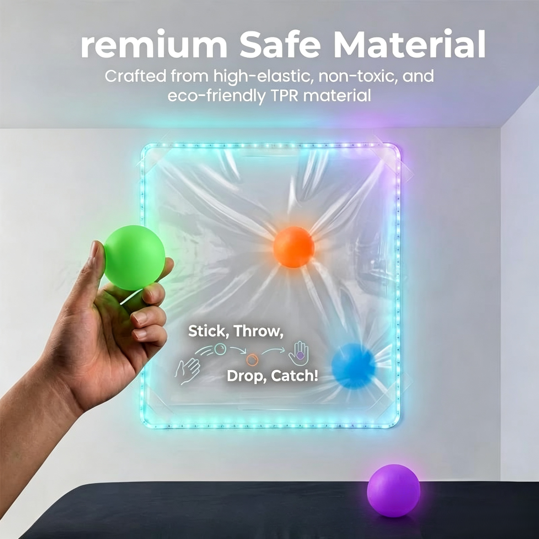 🟡LED Glow Sticky Ball Wall Game Set No-Mark Wall Protector Film