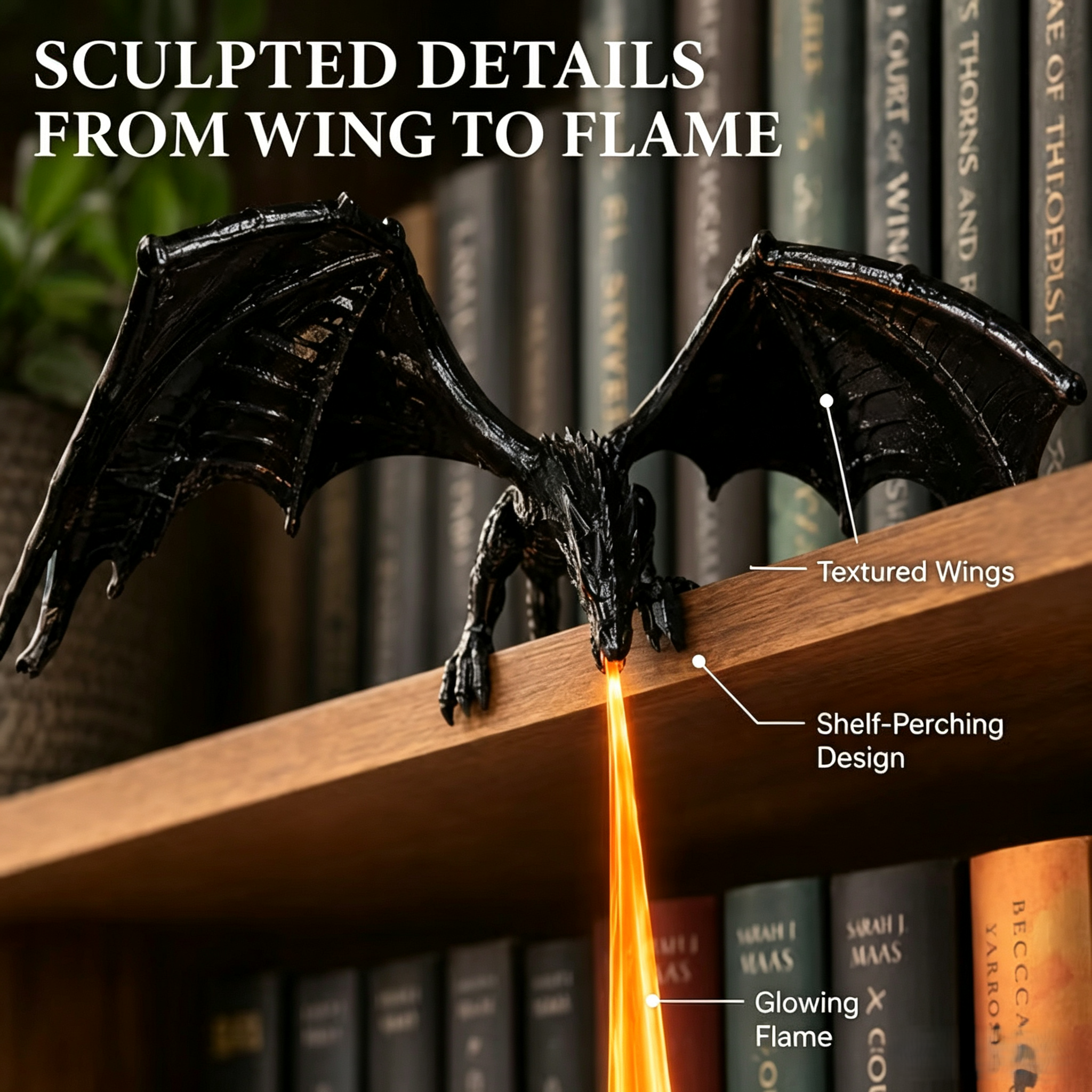🐉Perching Black Dragon Shelf LED Flame Accent Light