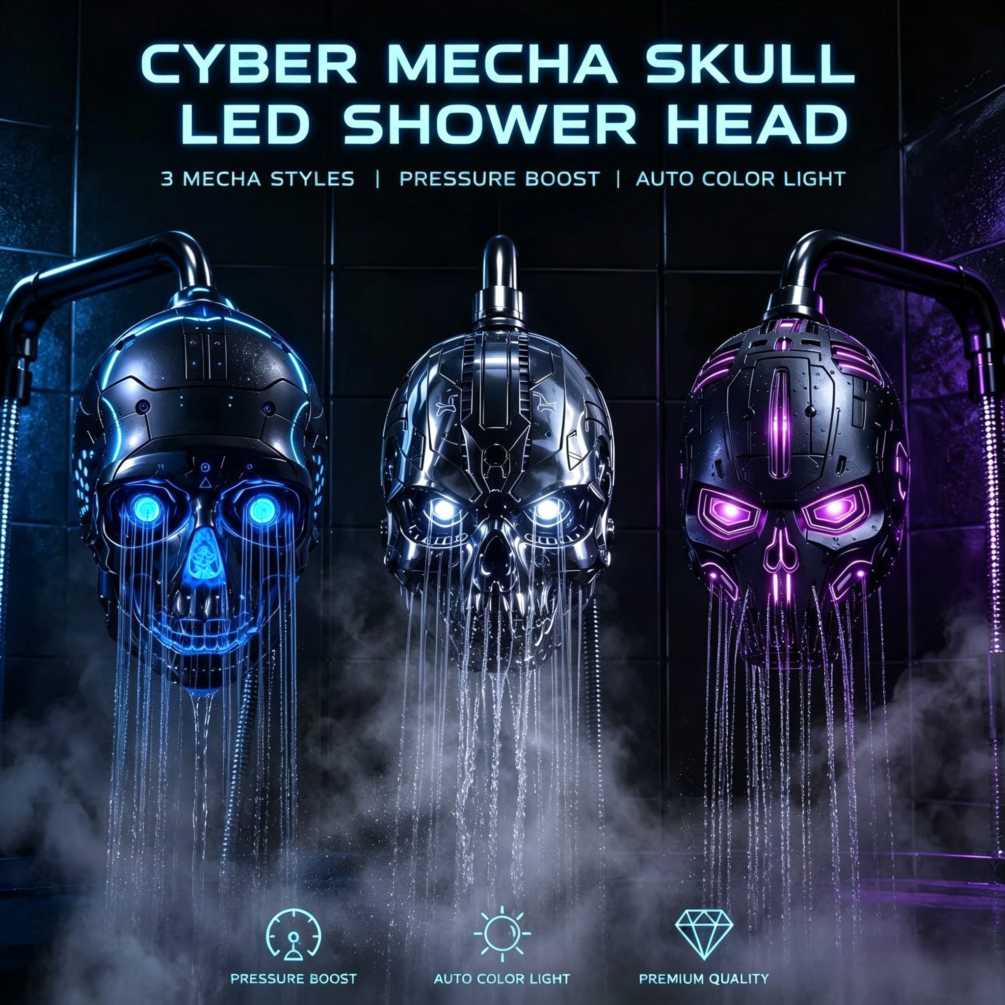💀Cyber Mecha Skull LED Shower Head