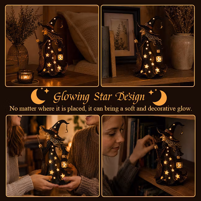 Starlight Witch Night Light Figurine | Halloween Witch Ornament with Warm LED Lights