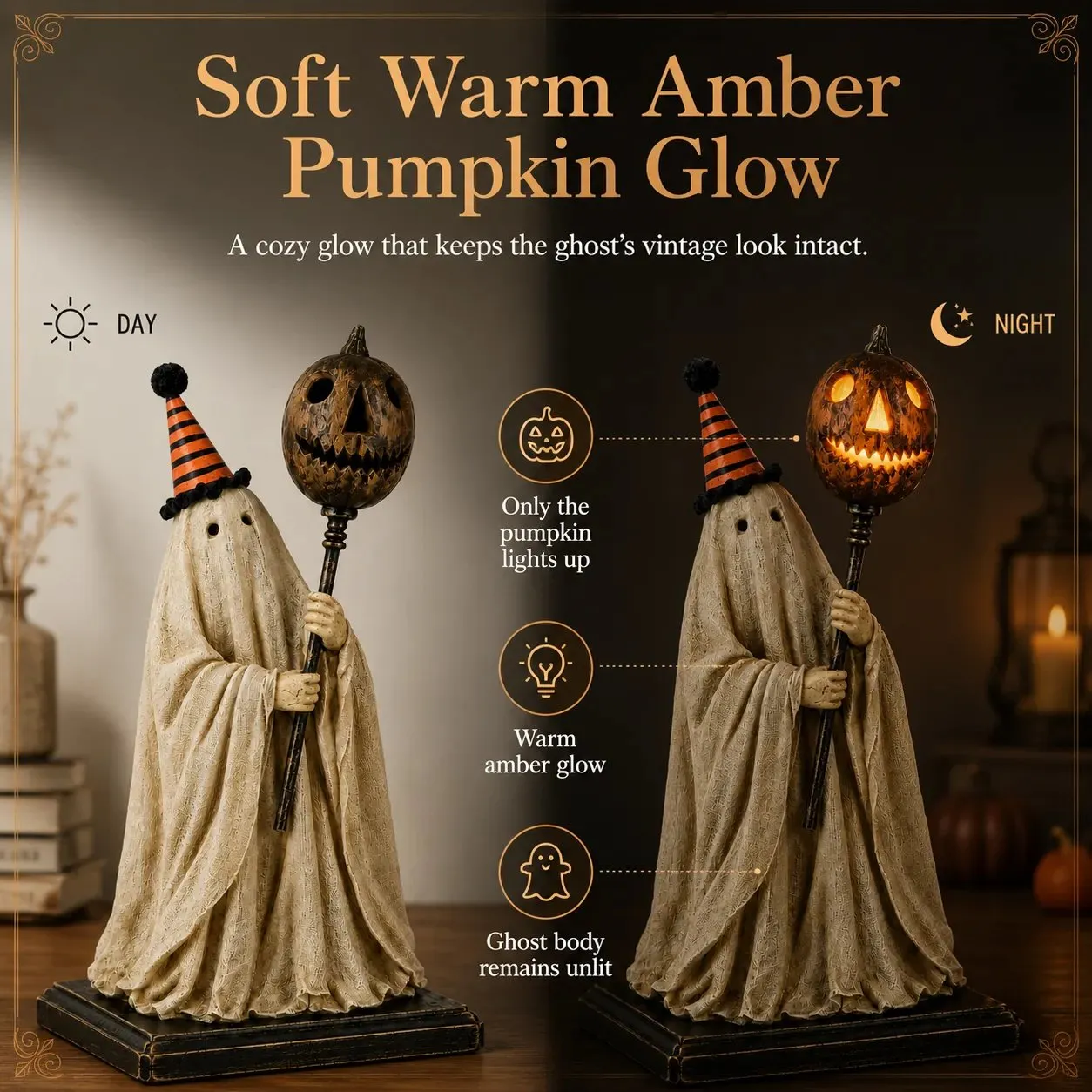 Lighted Vintage Ghost Figurine with Glowing Pumpkin Staff 👻💡