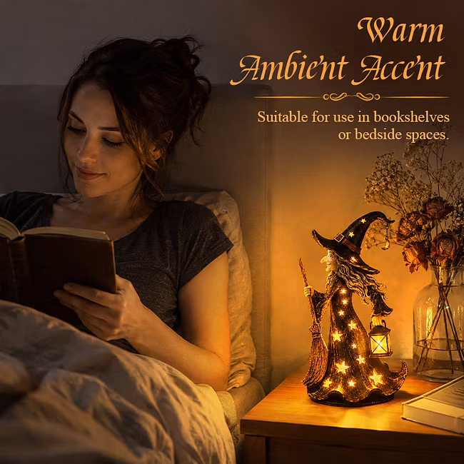 Starlight Witch Night Light Figurine | Halloween Witch Ornament with Warm LED Lights