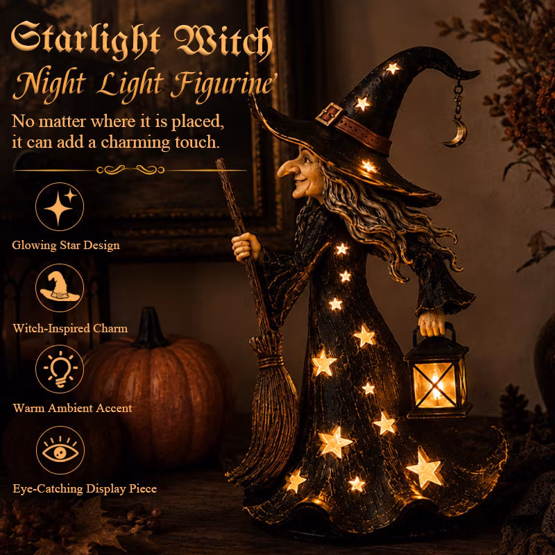Starlight Witch Night Light Figurine | Halloween Witch Ornament with Warm LED Lights