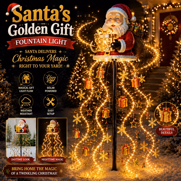 🎅✨ Santa’s Golden Gift Fountain Light 🎁🌟