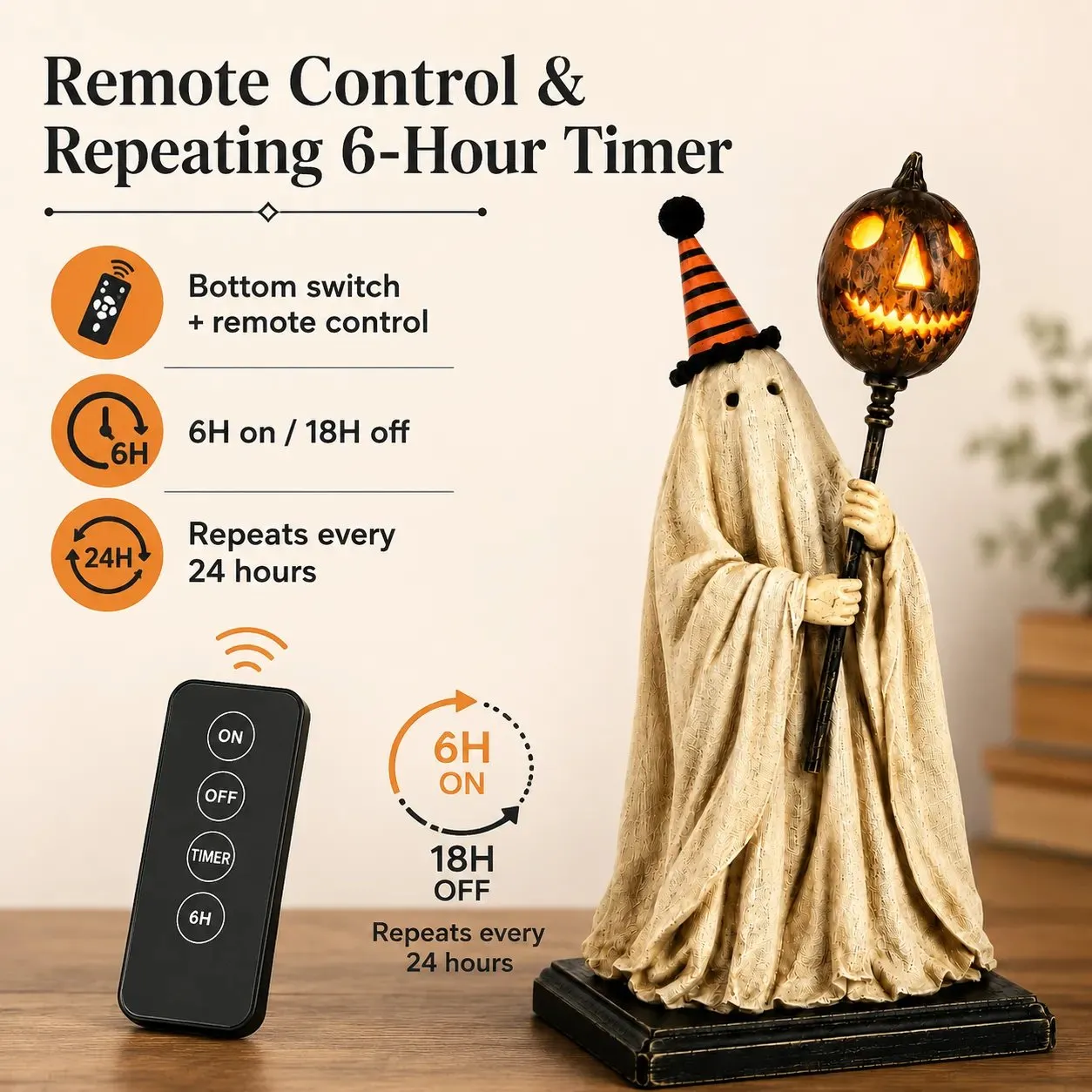 Lighted Vintage Ghost Figurine with Glowing Pumpkin Staff 👻💡