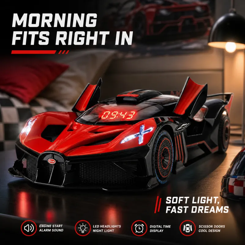 Hypercar Alarm Clock with Engine Sound, Exhaust Effect & LED Lights – Desk Gift for Car Lovers
