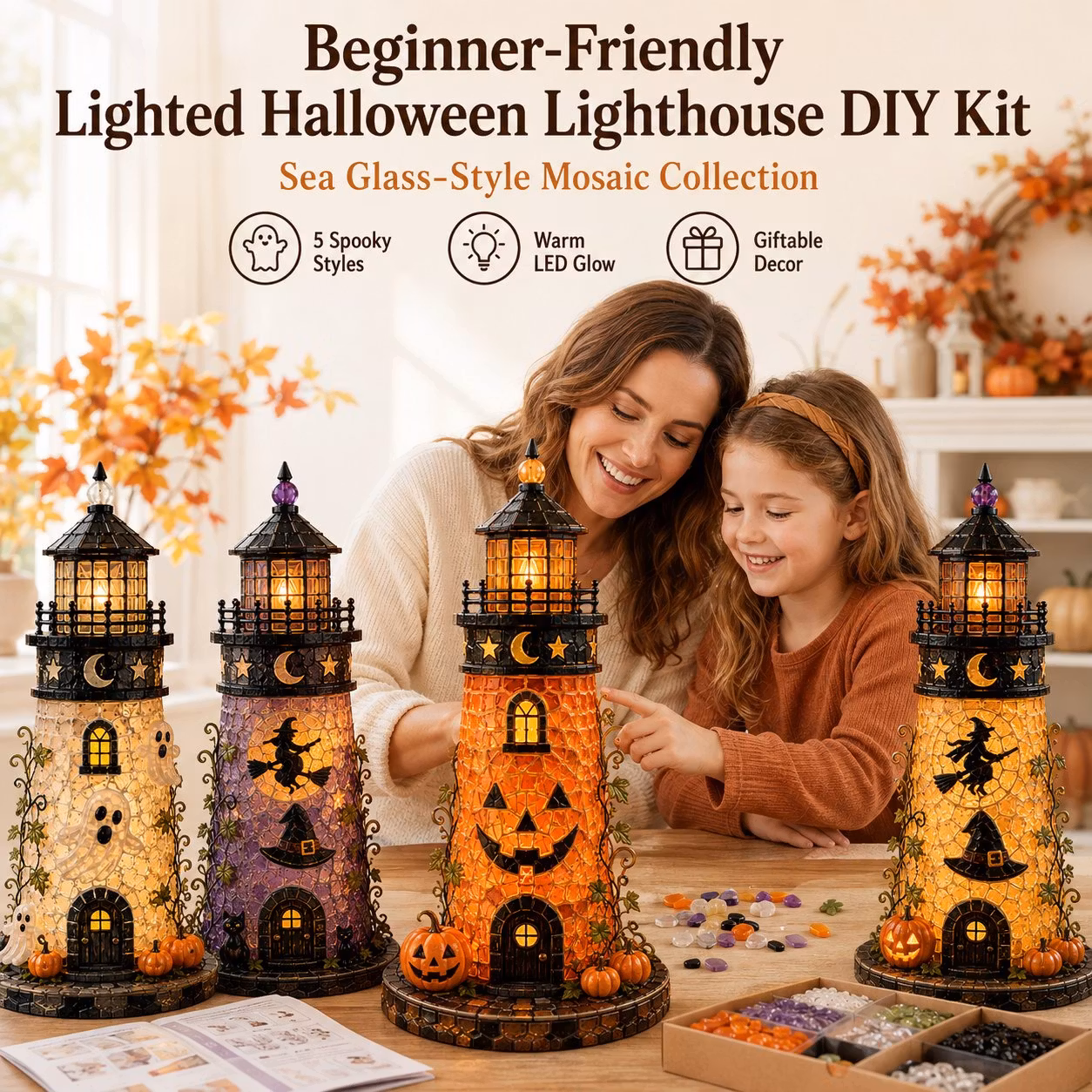 🎃Lighted Halloween Lighthouse DIY Kit – Sea Glass-Style Mosaic Collection