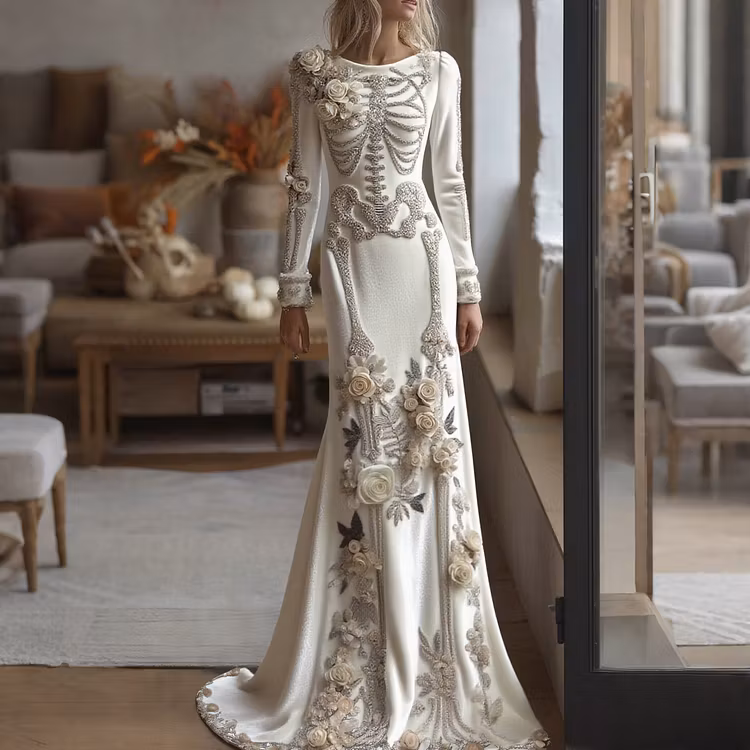 Women's Halloween Dark Gothic Rose Skeleton Velvet Round Neck Maxi Dress