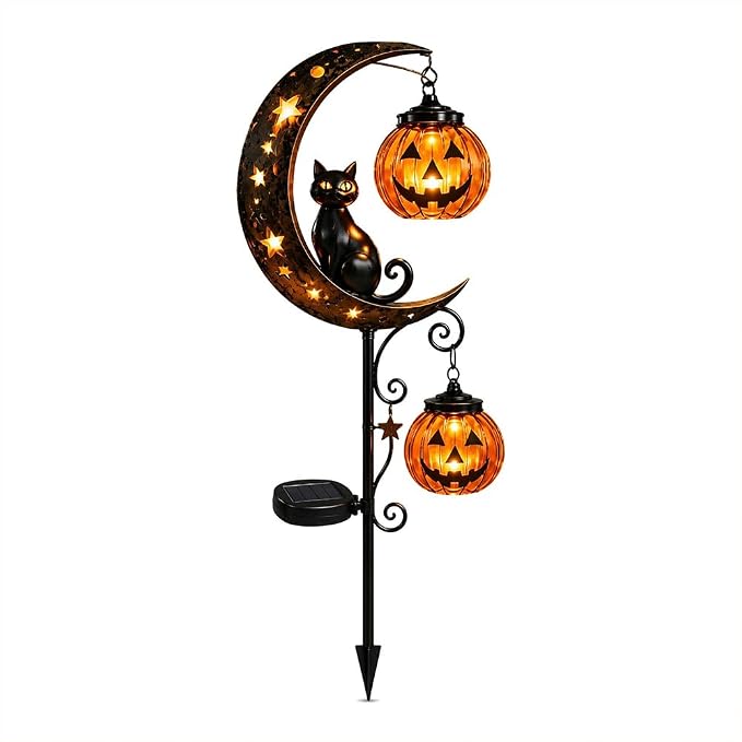 🌙Solar Metal Crescent Moon Black Cat Pumpkin Pathway Stake Light