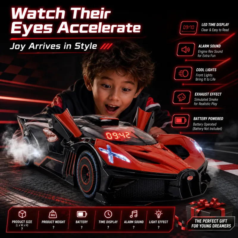 Hypercar Alarm Clock with Engine Sound, Exhaust Effect & LED Lights – Desk Gift for Car Lovers