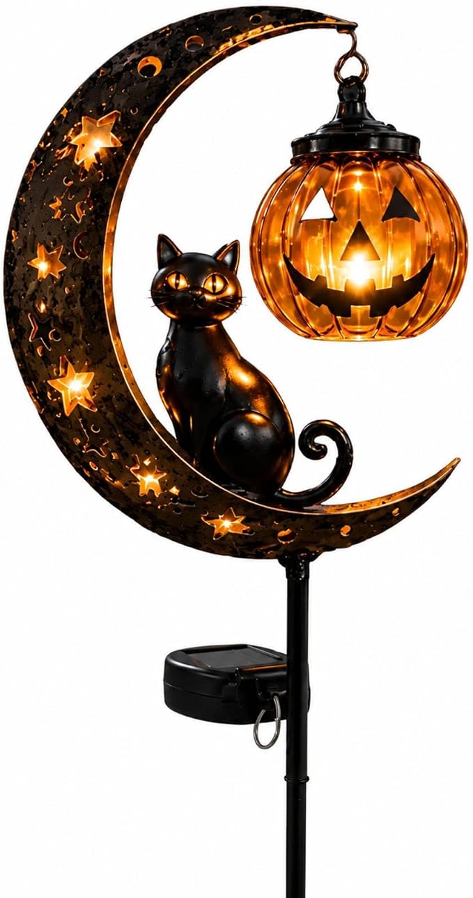 🌙Solar Metal Crescent Moon Black Cat Pumpkin Pathway Stake Light