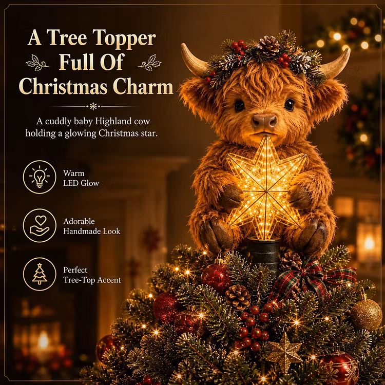🎄Baby Highland Cow Glowing Star Tree Topper✨