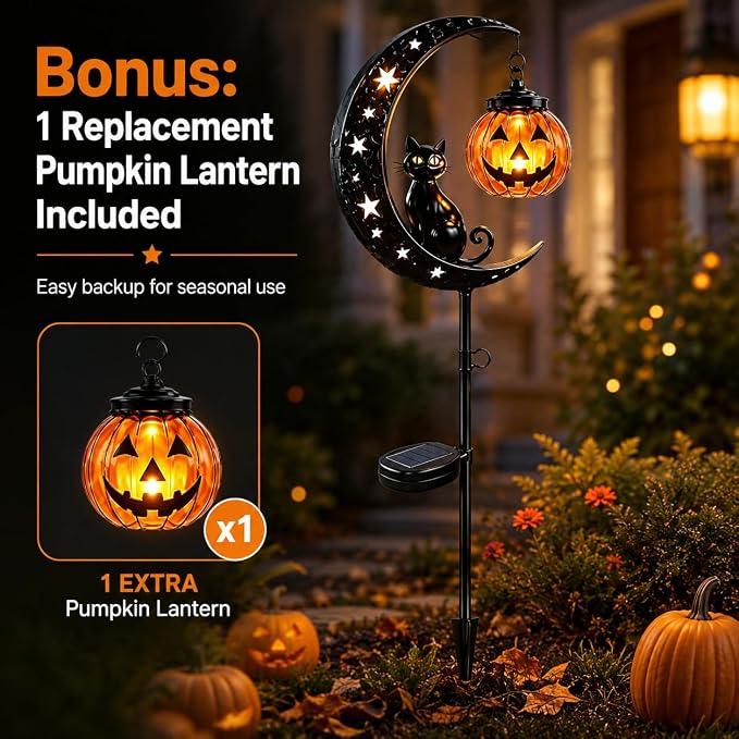 🌙Solar Metal Crescent Moon Black Cat Pumpkin Pathway Stake Light
