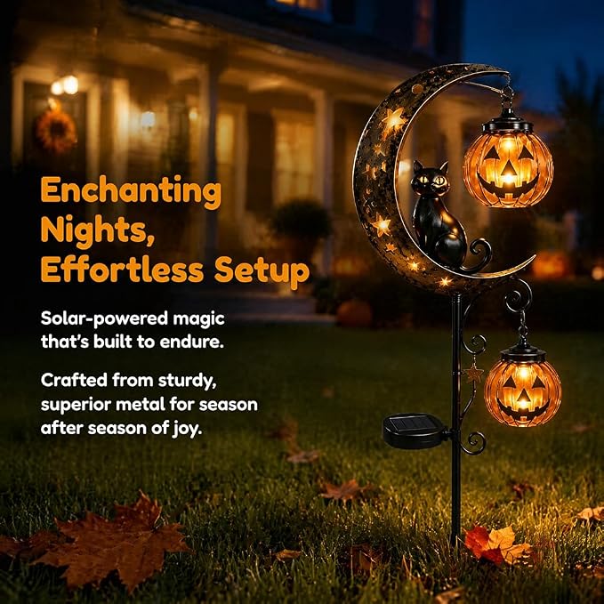 🌙Solar Metal Crescent Moon Black Cat Pumpkin Pathway Stake Light