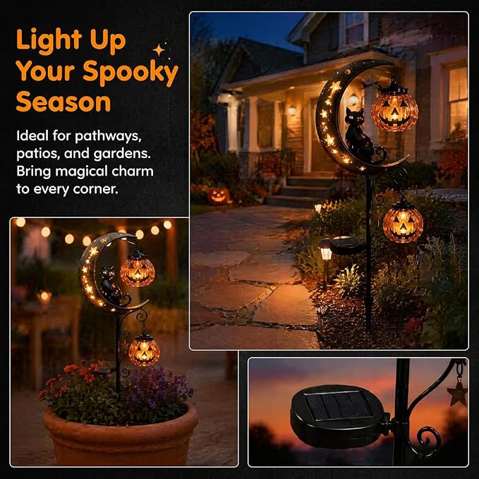 🌙Solar Metal Crescent Moon Black Cat Pumpkin Pathway Stake Light
