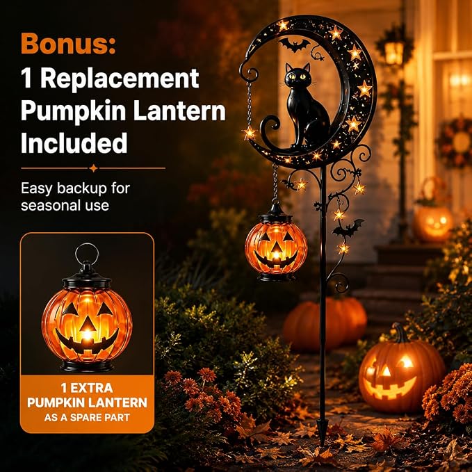 🌙Solar Metal Crescent Moon Black Cat Pumpkin Pathway Stake Light