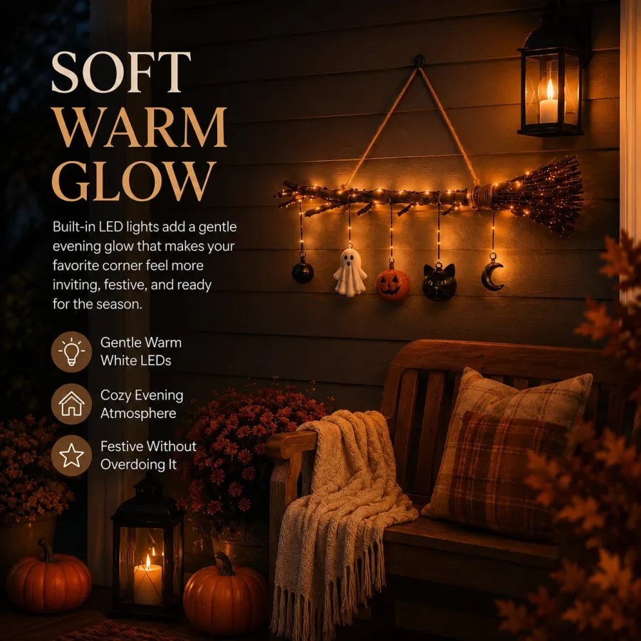 🔥 Limited-Time 50% OFF 🍂 Lighted Fall Broom Wall Hanging – Cozy Halloween & Autumn Decor