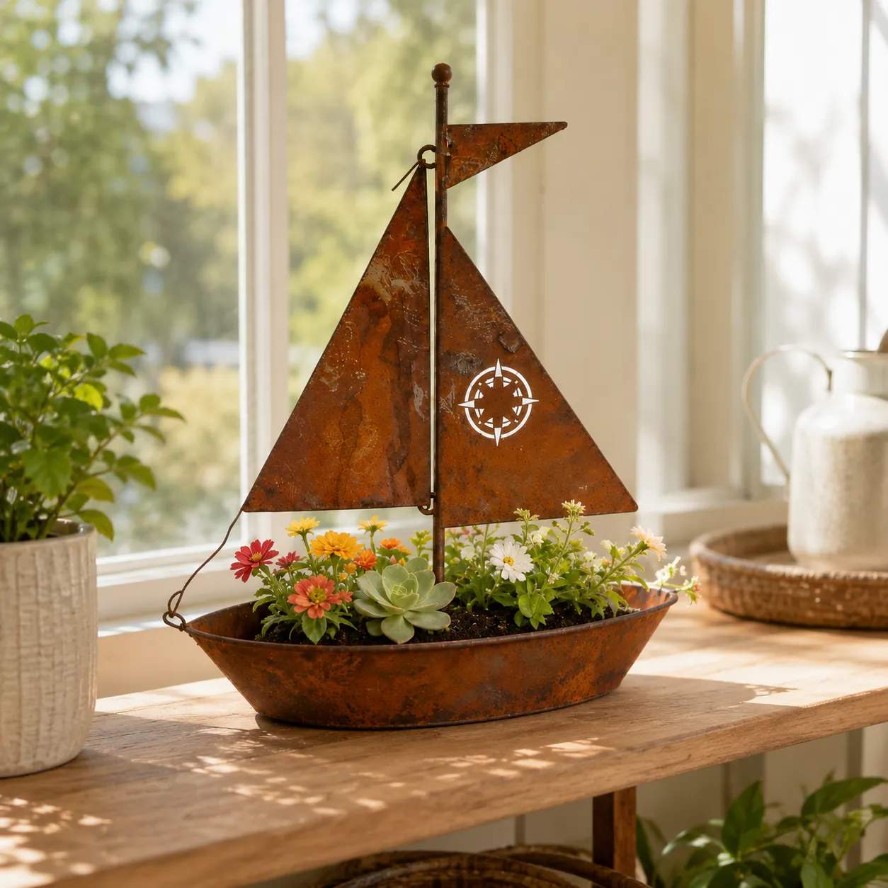 Rustic Sailboat Metal Planter