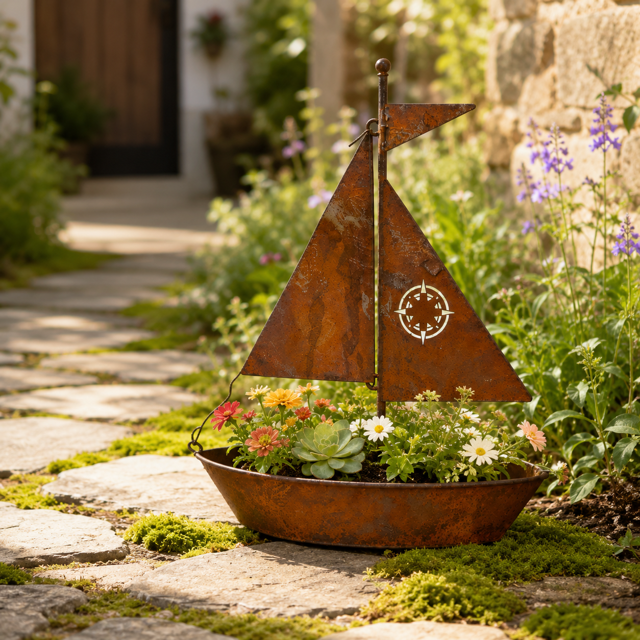 Rustic Sailboat Metal Planter