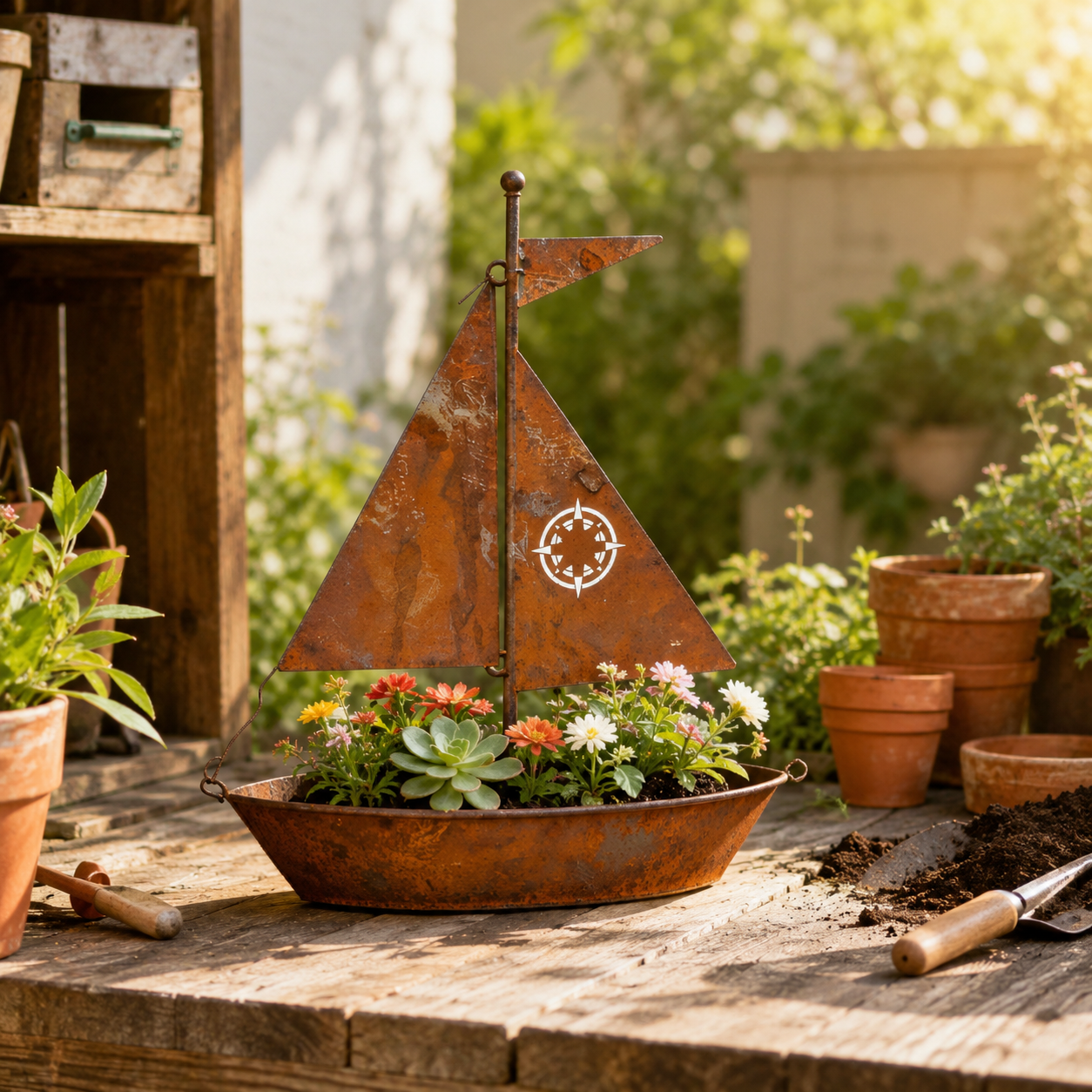 Rustic Sailboat Metal Planter