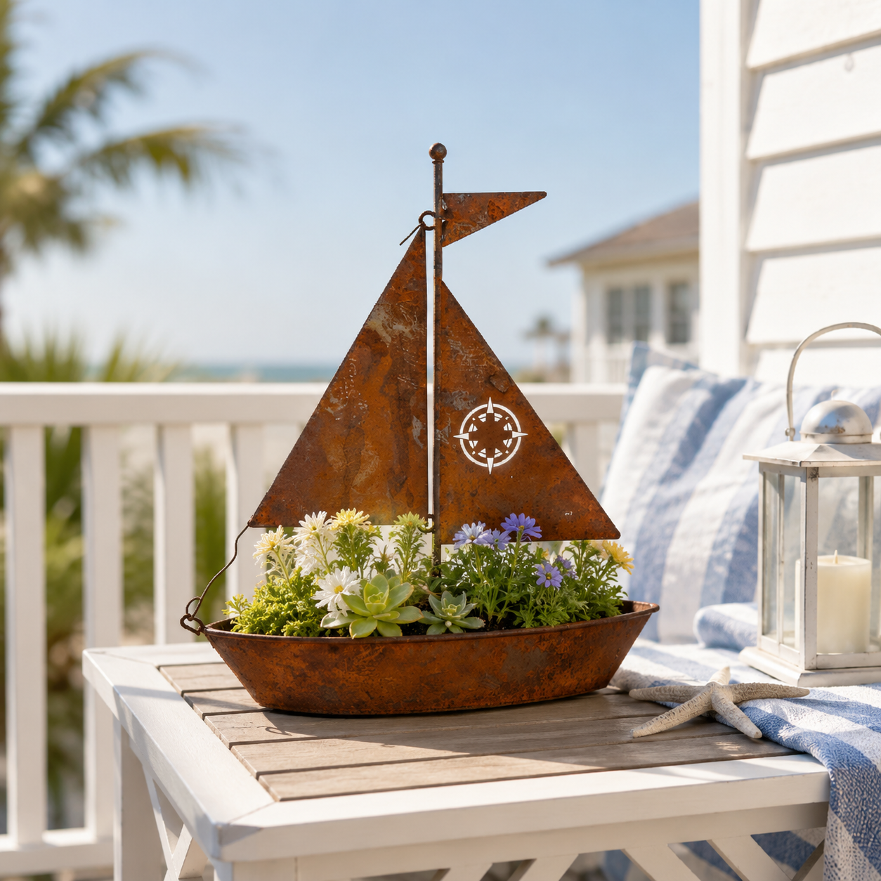 Rustic Sailboat Metal Planter