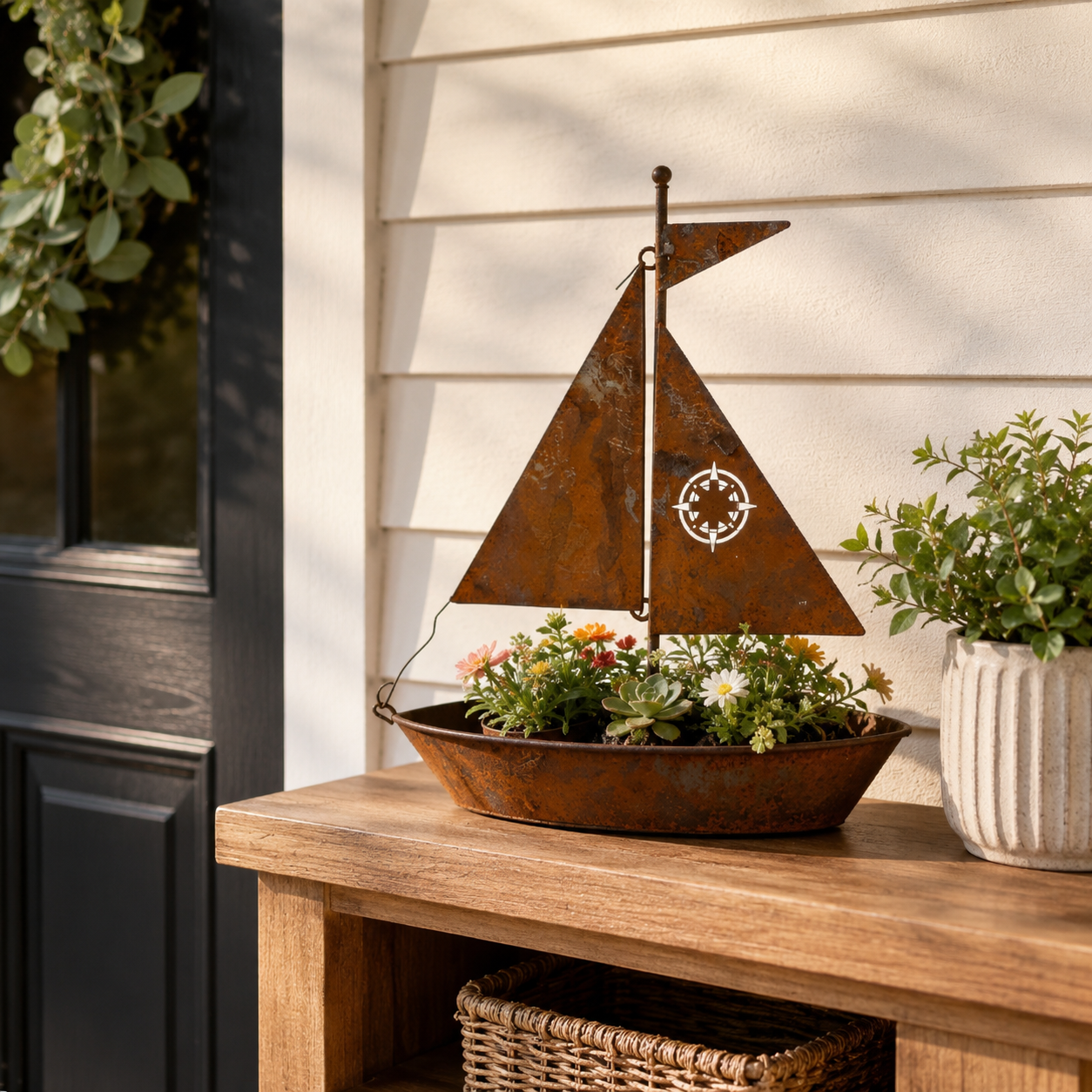 Rustic Sailboat Metal Planter
