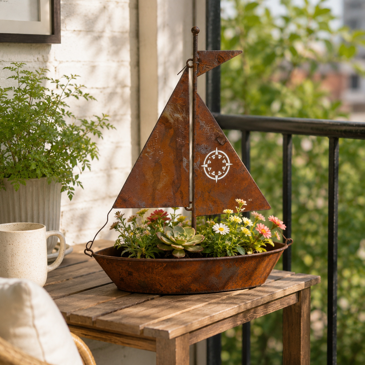 Rustic Sailboat Metal Planter