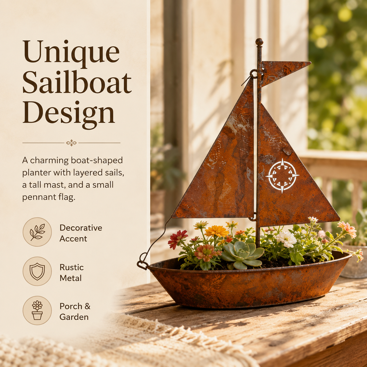Rustic Sailboat Metal Planter