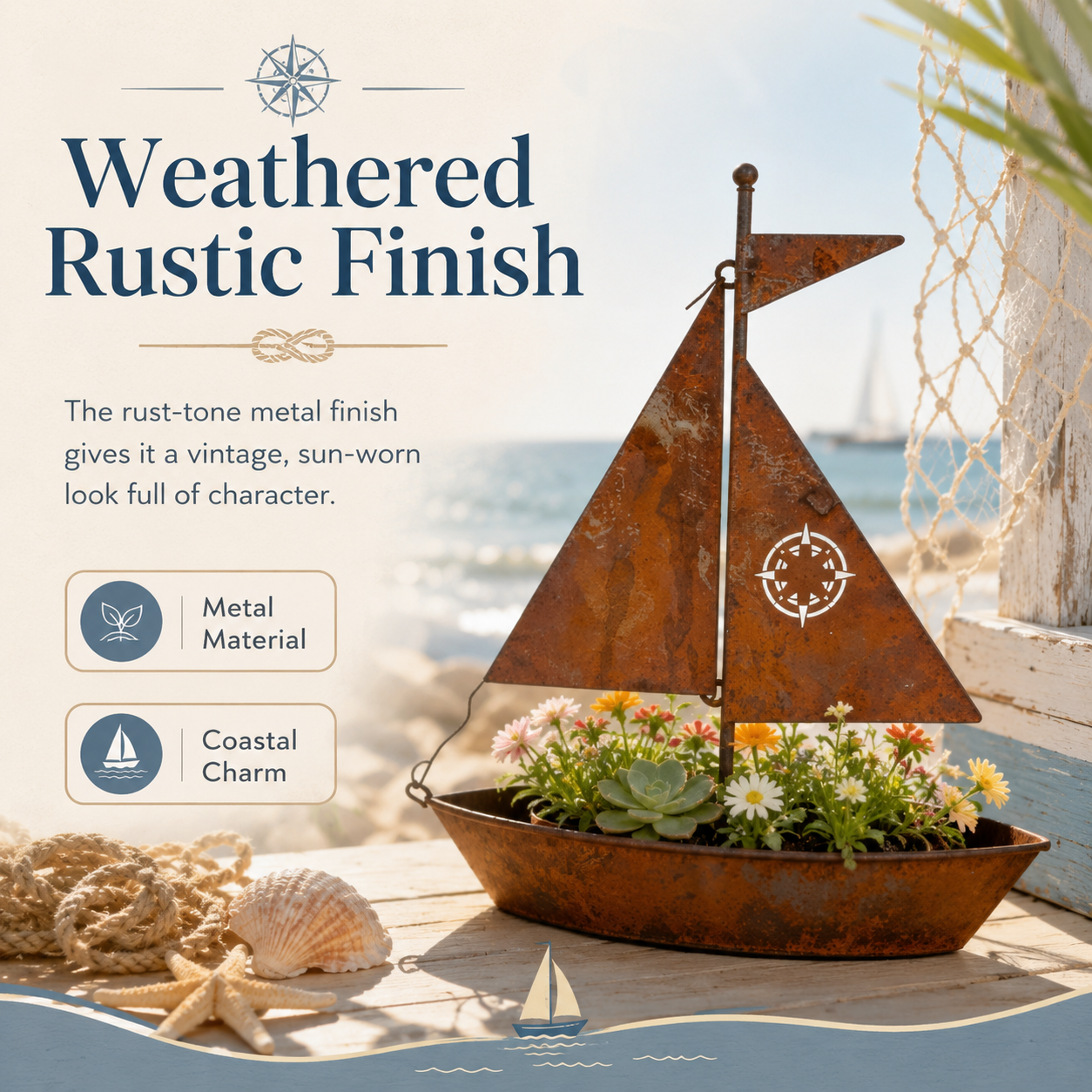 Rustic Sailboat Metal Planter