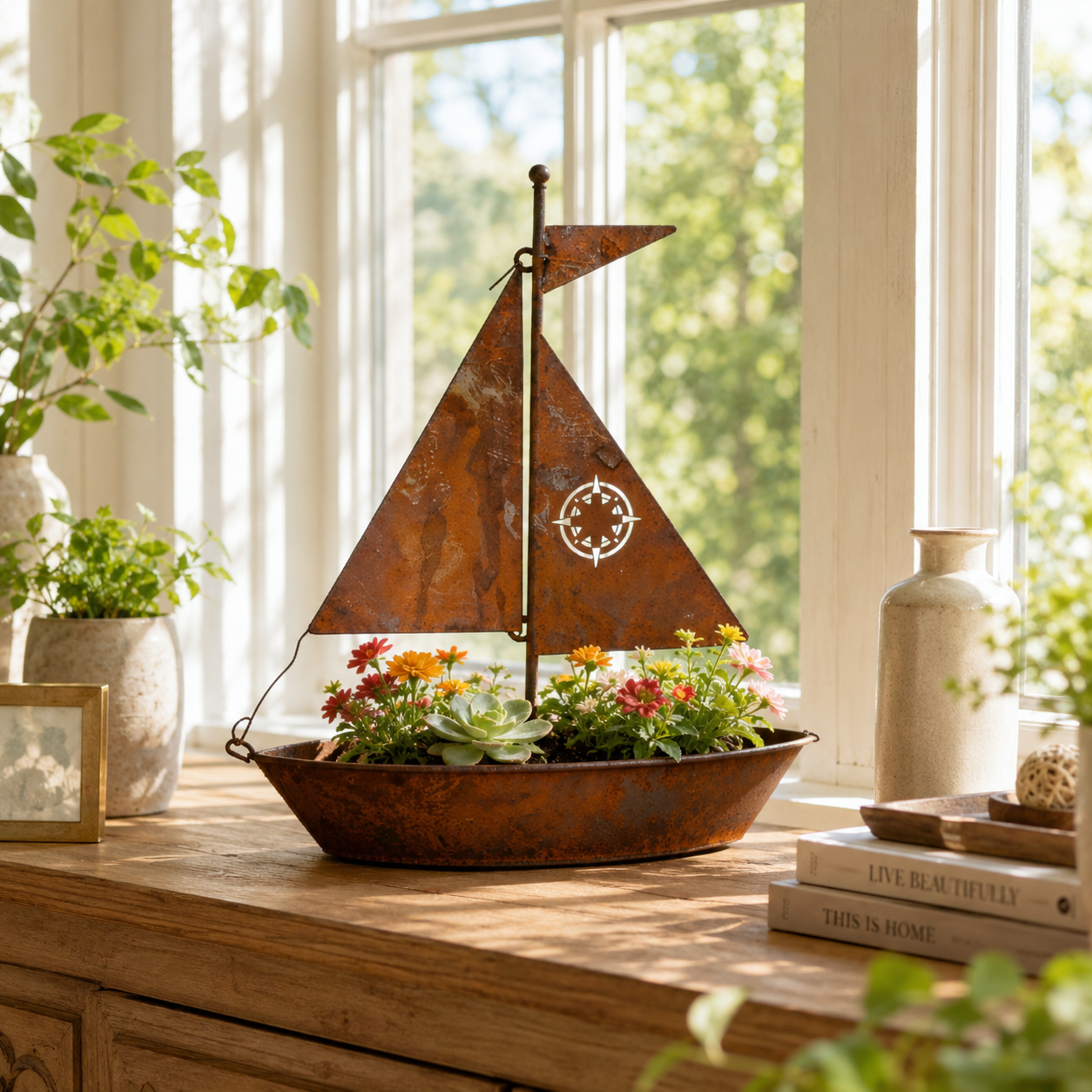 Rustic Sailboat Metal Planter