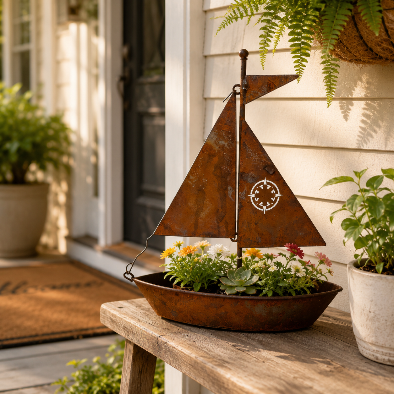 Rustic Sailboat Metal Planter